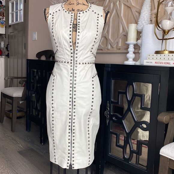 bebe Dresses & Skirts - Bebe Ari White Studded Genuine Leather Dress